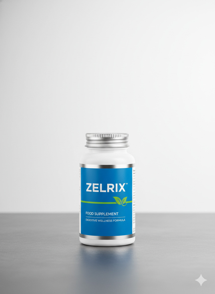 Zelrix food supplement bottle on a neutral studio surface
